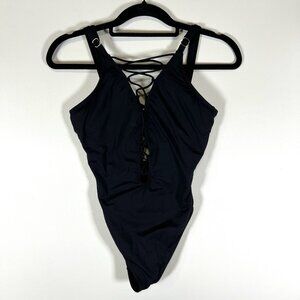 La Blanca Women's Black One Piece Swimsuit‎ Lace Up Front Convertible Straps 8DD
